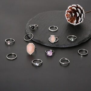 *SEONA* 12-Pc Silver x Gem Fashion Ring Set
